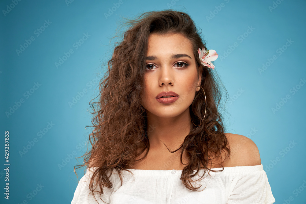 Fototapeta premium Front view portrait of attractive brunette woman with curly hair and in white sweater on blue background. Concept of modern shooting on professional photo studio. 
