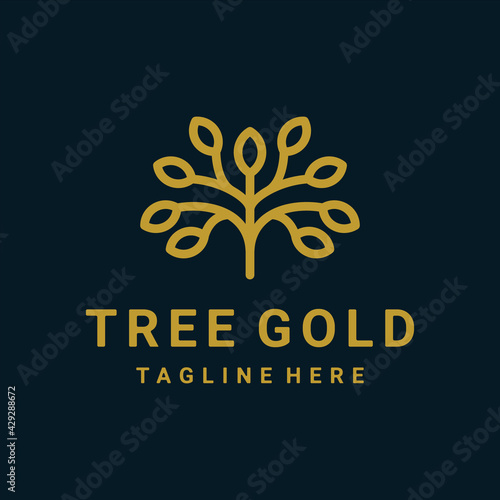 Tree Gold vector icon, Nature trees vector illustration logo design with style line art