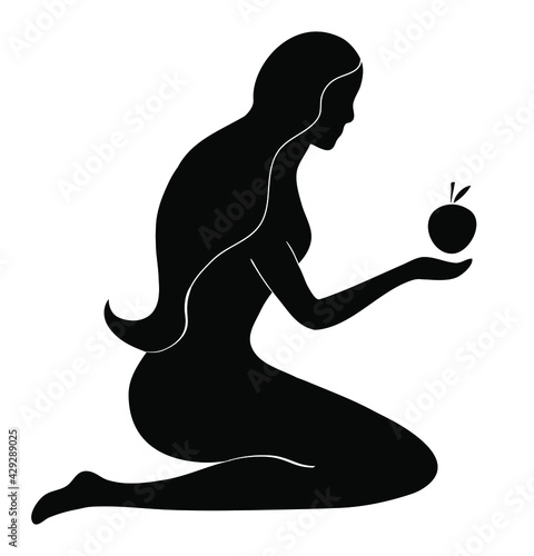 Vector sign of sitting woman silhouette with apple. Logotype of healthy life. Illustration of Eva from Bible.