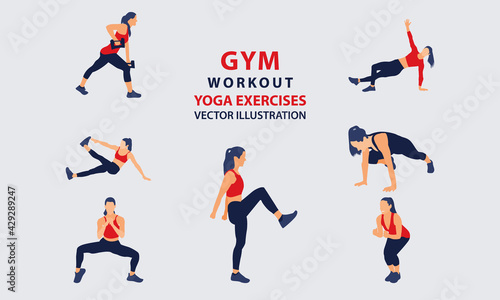 gym Workout full body girls set vector illustration. Woman training, fitness, gymnastics, bodybuilding, lifting, yoga exercises, muscles, Lunges and squats, plank and abc.