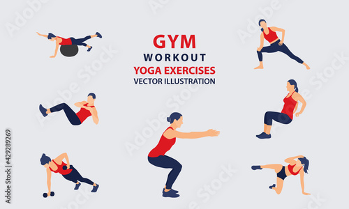 gym Workout full body girls set vector illustration. Woman training, fitness, gymnastics, bodybuilding, lifting, yoga exercises, muscles, Lunges and squats, plank and abc.