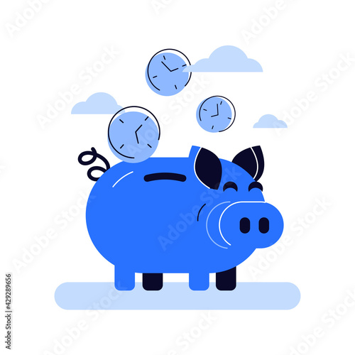 Funny blue piggy bank and falling inside clock faces coins