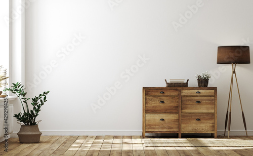 Farmhouse living room interior with wooden furniture, wall mockup, 3d render