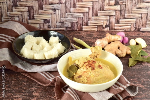 Opor ayam, chicken cooked in coconut milk from Indonesia, from Central Java, served with lontong. Popular dish for lebaran or Eid al-Fitr photo