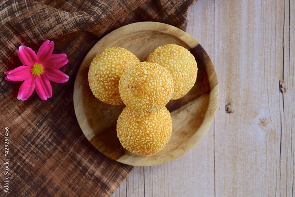 Sesame seed balls or Ondeonde. Indonesian traditional street food