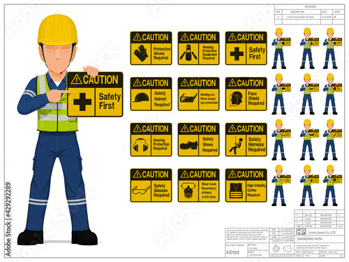 Set of industrial worker is presenting warning sign on white background © heavypong