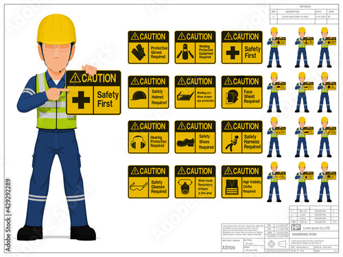 Set of industrial worker is presenting warning sign on white background