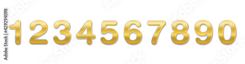 Golden colored numbers in a row. The ten numbers from one to zero. Isolated vector illustration on white background. 