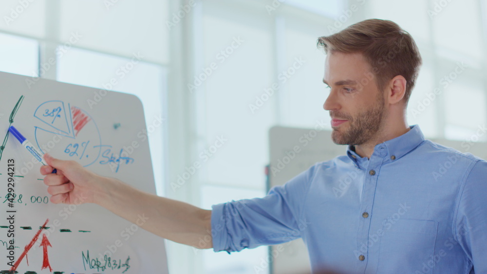 Businessman analyzing data office. Confident man pointing hand flip chart Businessman analyzing data office. Confident man pointing hand flip chart