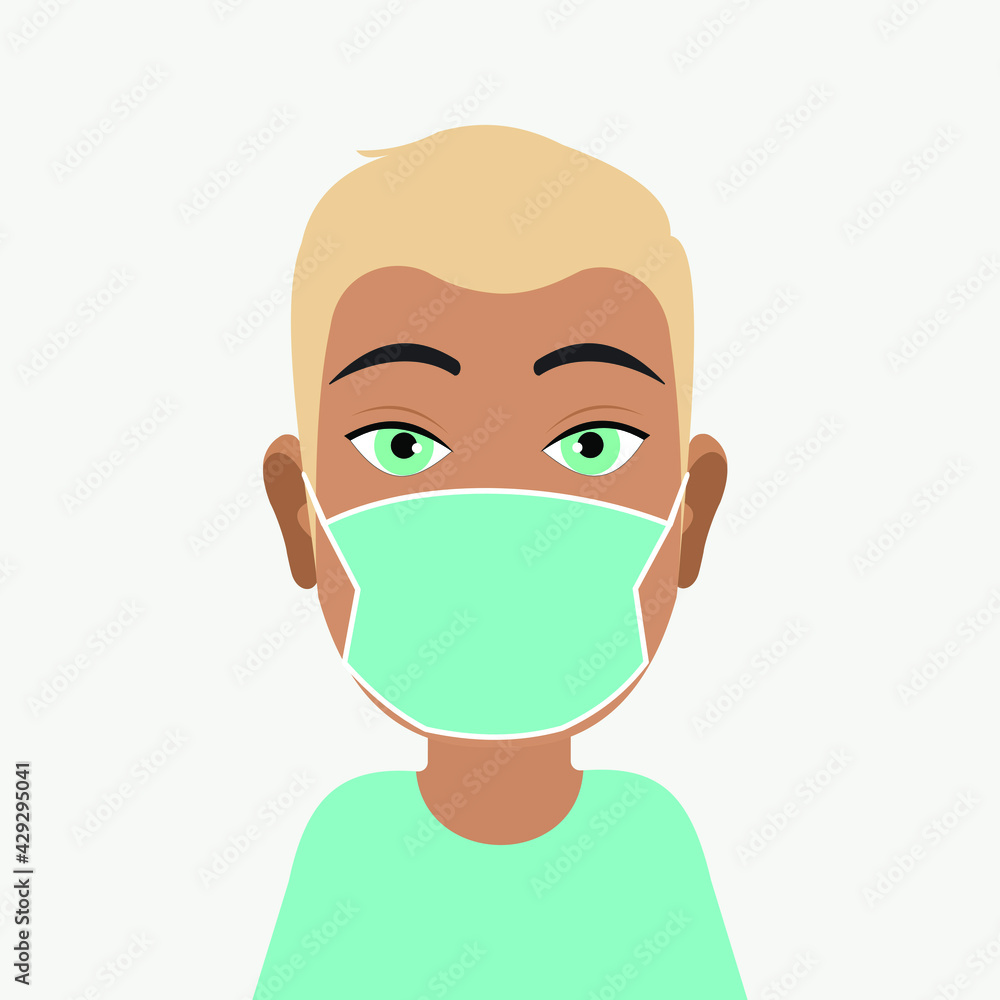 Avatar of a modern young guy in a medical protective mask. The man is blond with blue eyes. Coronavirus virus in the world. Vector graphics.