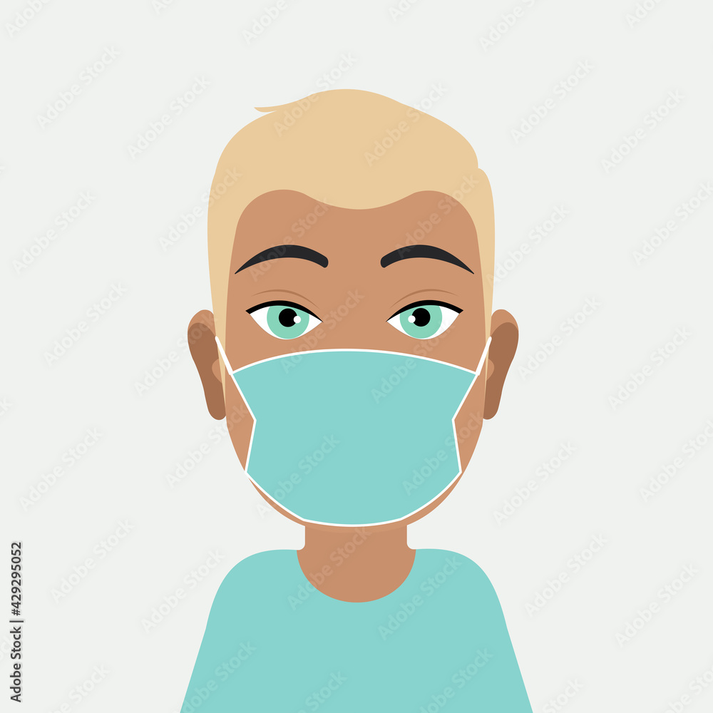 Avatar of a modern young guy in a medical protective mask. The man is blond with blue eyes. Coronavirus virus in the world. 