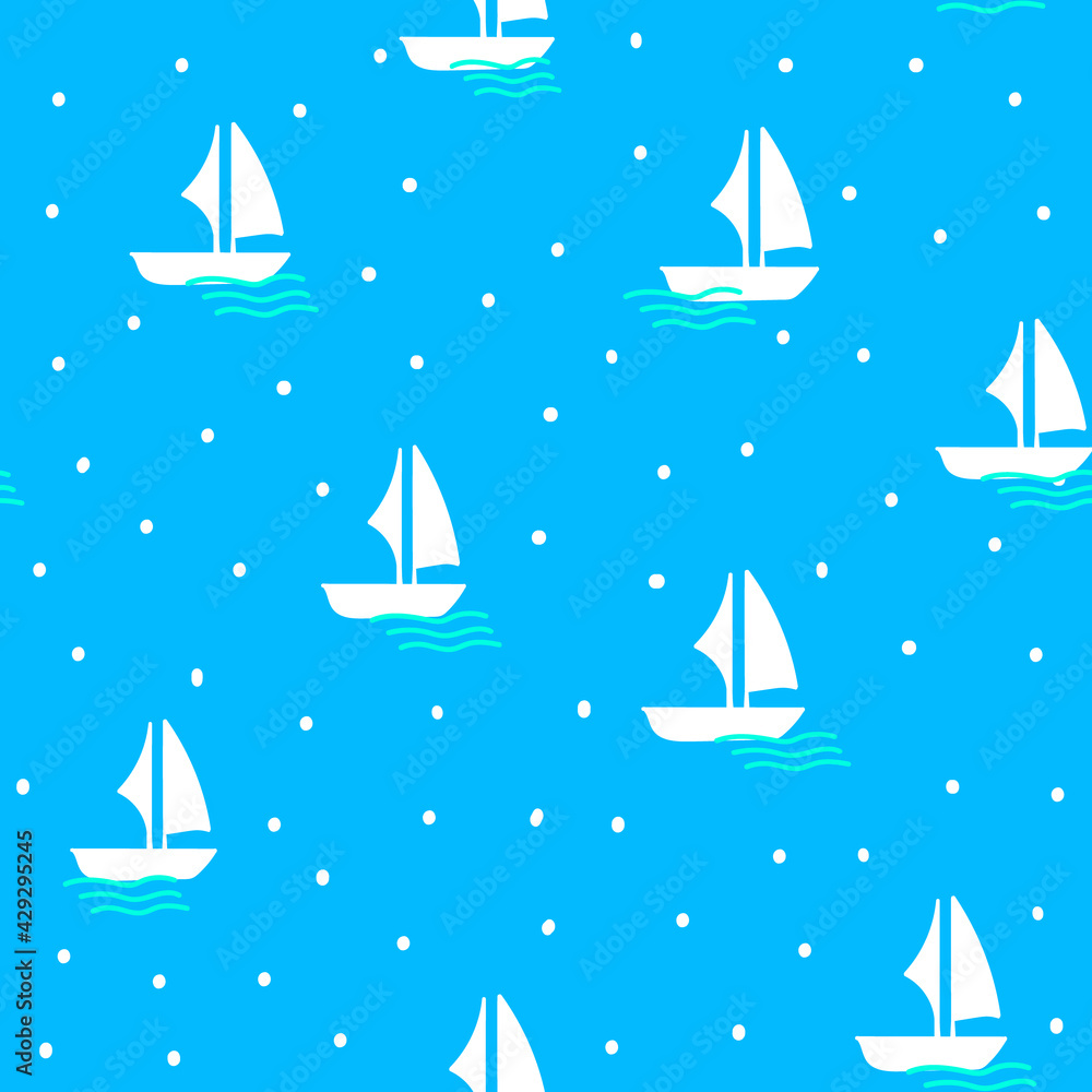 Seamless vector pattern in marine style with floating white boat, waves and dots, childish nautical print for textile, fabric design,interior decoration, kids wear,baby illustration on blue background Seamless vector pattern in marine style with floating white boat, waves and dots, childish nautical print for textile, fabric design,interior decoration, kids wear,baby illustration on blue background