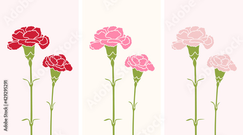 Set red, pink, light carnation flowers with green leaves vector illustration linocut style photo