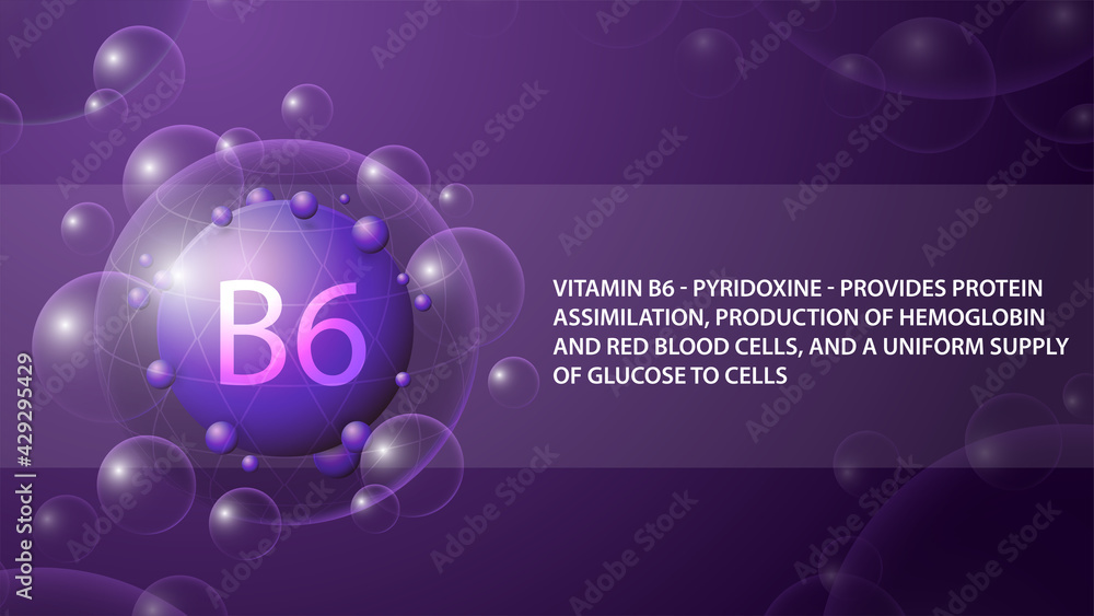Vitamin B6, purple information poster with purple abstract medicine capsule of vitamin B6