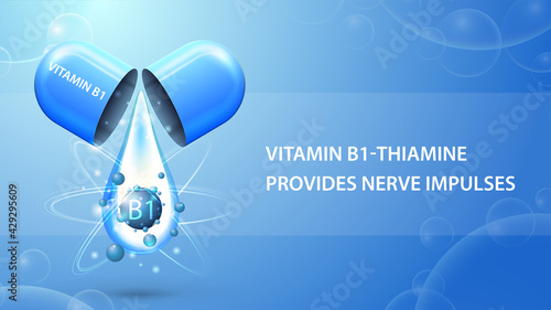 Vitamin B1, blue information poster with abstract pill capsule with drop of vitamin B1