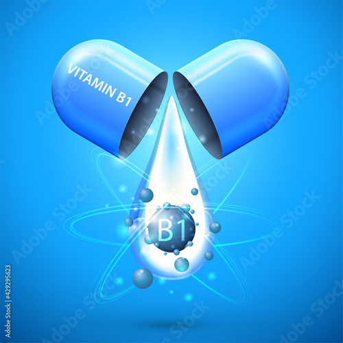 Blue pill capsule with drop of vitamin B1. Blue poster with abstract vitamin B1