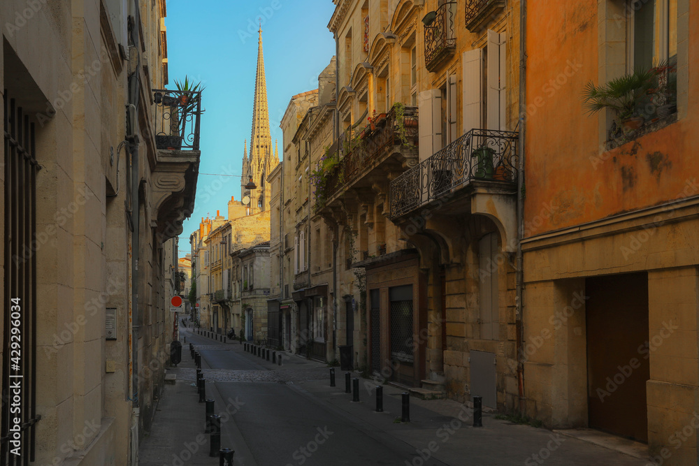 Street view of old town in bordeaux city, typical  buildings from Southwestern of France Europe