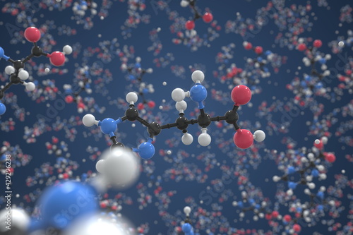 Histidine molecule made with balls, scientific molecular model. Chemical 3d rendering photo