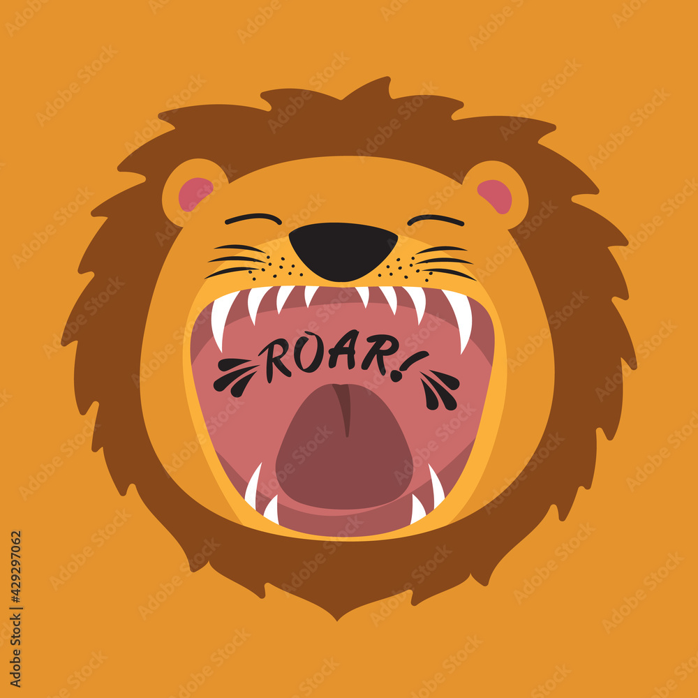 Cute cartoon lion with open mouth roaring. Stock Vector | Adobe Stock
