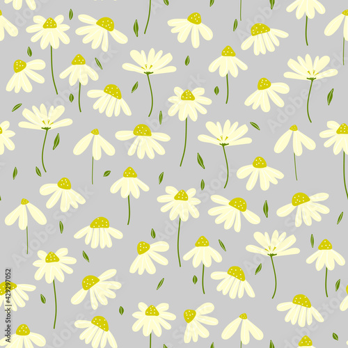 Vector floral seamless pattern design. chamomile, daisies flowers with leaves .  texture for kids fabric, packaging, wrappers.