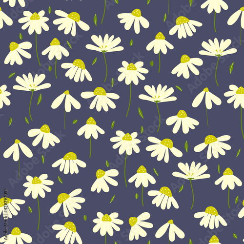 Vector floral seamless pattern design. chamomile  daisies flowers with leaves .  texture for kids fabric  packaging  wrappers.