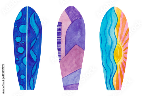 Watercolour authentic surfboards collection isolated on a white background. Extreme water sport and travel lifestyle. Summertime clipart in vibrant colours. Hand painted retro design elements