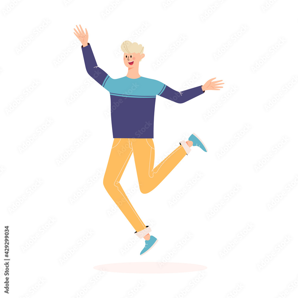 Happy person jumping. Man with raised hands jumping in the air. Positive and laughing men. Young funny teen guy celebrate victory and enjoy success. Flat vector illustration isolated on white
