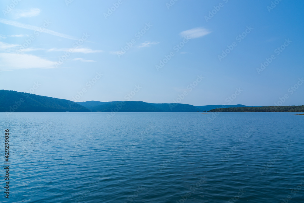 Summer landscape. View of the Angara river and mountains. Taltsy village, Irkutsk region, Russia Summer landscape. View of the Angara river and mountains. Taltsy village, Irkutsk region, Russia