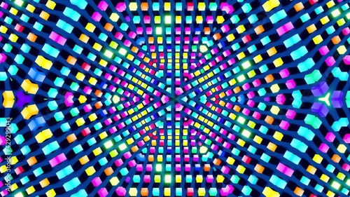 3d render. Abstract background with symmetrical structures like kaleidoscope with lighting bulbs, multicolor neon lights. Geometric dark background with 3d objects