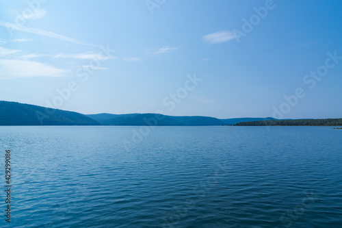 Summer landscape. View of the Angara river and mountains. Taltsy village, Irkutsk region, Russia