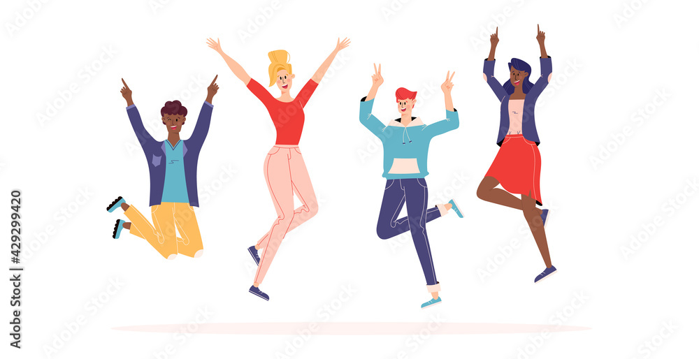 Happy people jumping set. Diverse group of joyful people with raised hands jumping together. Positive and laughing men and women. Young funny teens guys and girls jumping together. Flat illustration