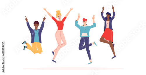Happy people jumping set. Diverse group of joyful people with raised hands jumping together. Positive and laughing men and women. Young funny teens guys and girls jumping together. Flat illustration