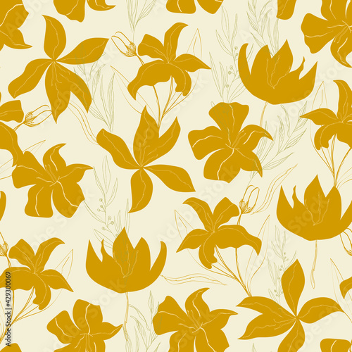 floral seamless pattern. Vintage flowers  ink drawing.