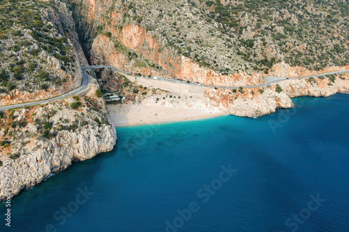 Aerial view of picturesque sea bay with beautiful Kaputas beach with turquoise water. Summer beach holiday in Turkey resort