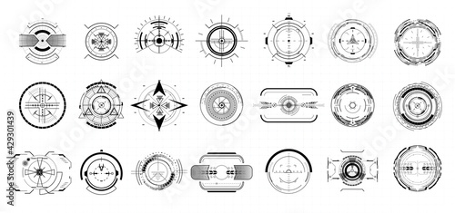 Sniper aim pointer. UI, HUD technology aiming, weapon military futuristic sights. Weapon targeting pointers, aiming mark and aims target sight marks or targets.   Focus sniper, sight military isolated