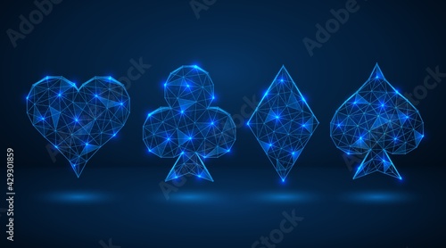 Suits of playing cards. Polygonal construction of concatenated lines and points. Blue background.