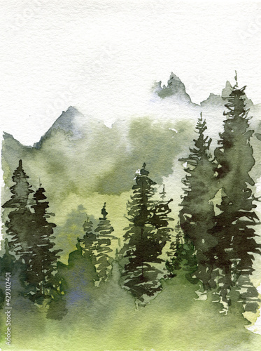 Landscape with misty forest  mountains and pines Watercolor hand-drawn illustration for background or poster