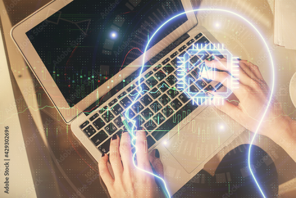 Double exposure of woman working on computer andhuman brain hologram drawing. Top View. Ai concept. Double exposure of woman working on computer andhuman brain hologram drawing. Top View. Ai concept.