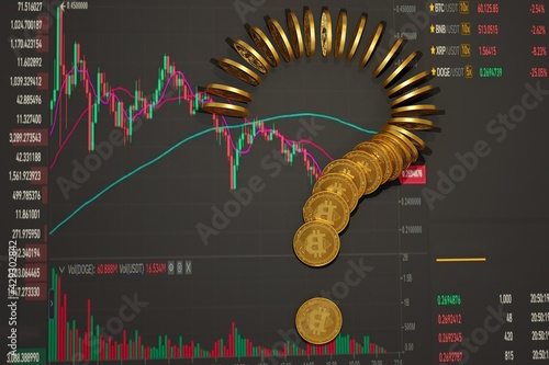 many gold coins of bitcoin in the form of a question mark lie against the background of the graph, the forecast of the exchange rate.