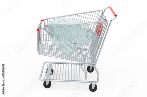 Shopping cart with diamond, 3D rendering
