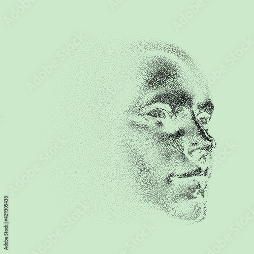 Silhouette of a 3d human head made of dots and particles. Concept of Artificial intelligence and Neural Network.