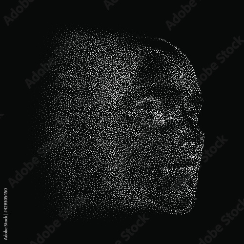Silhouette of a 3d human head made of dots and particles. Concept of Artificial intelligence and Neural Network.