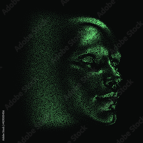 Silhouette of a 3d human head made of dots and particles. Concept of Artificial intelligence and Neural Network.
