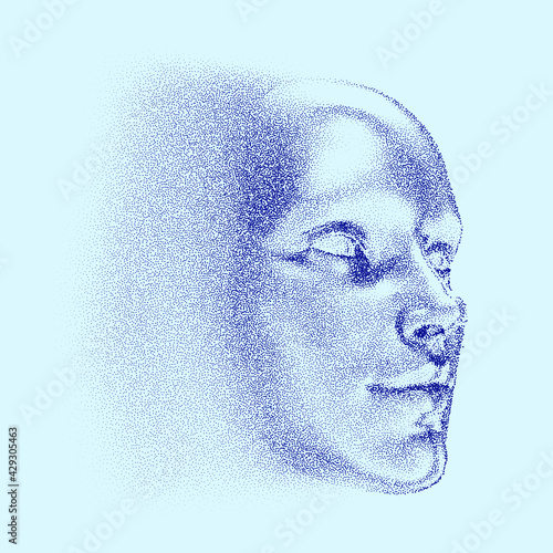 Silhouette of a 3d human head made of dots and particles. Concept of Artificial intelligence and Neural Network.