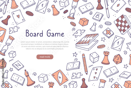 Hand drawn website banner template with of board game element. Doodle sketch style. Vector illustration for board game shop, store background, game competition banner, frame