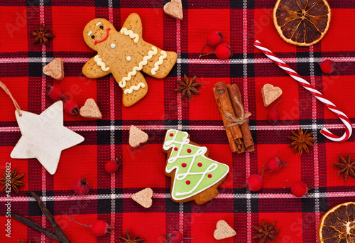 Christmas greeting card. Gingerbread man, fir shaped cookie, candy cane, sugar hearts on a red tartan background. Top view. © Snowbelle