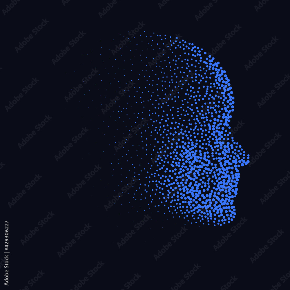 Silhouette of a 3d human head made of dots and particles. Concept of Artificial intelligence and Neural Network. Silhouette of a 3d human head made of dots and particles. Concept of Artificial intelligence and Neural Network.