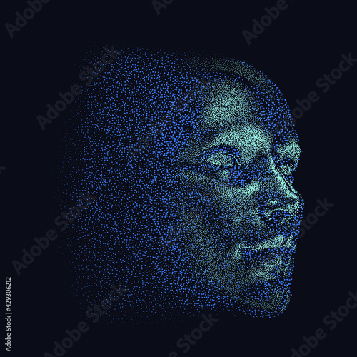 Silhouette of a 3d human head made of dots and particles. Concept of Artificial intelligence and Neural Network.