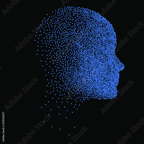 Silhouette of a 3d human head made of dots and particles. Concept of Artificial intelligence and Neural Network.