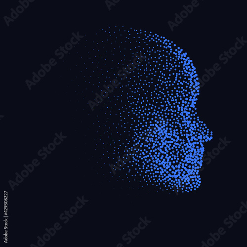 Silhouette of a 3d human head made of dots and particles. Concept of Artificial intelligence and Neural Network.